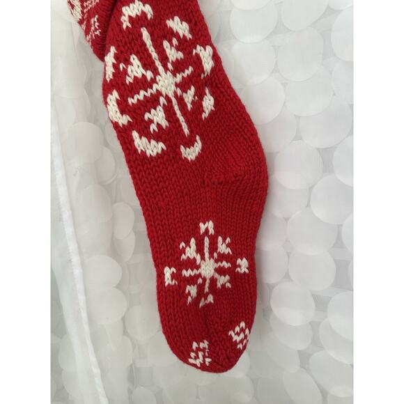 VTG Crate & Barrel 100% Wool Red Christmas Stocking Large Snowflakes Hand Knit - Picture 2 of 6